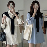 韩国chic秋季小众气质翻领撞色拼接假两件披肩，设计衬衫式连衣裙女
