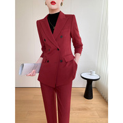 休闲西装套装女春秋季高级感职业正装时尚气质小个子西服外套红色