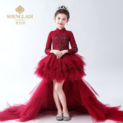 花童礼服女童装儿童拖尾中式走秀晚礼服红色女童主持人钢琴表演服