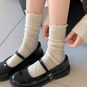 韩国ins米白色短袜子女春夏薄款波点中筒堆堆袜镂空jk白色小腿袜