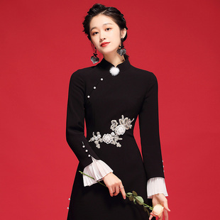 中国风复古女装秋季优雅刺绣长款长袖日常改良旗袍连衣裙黑色