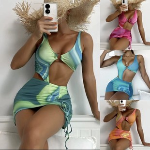 欧美三件套泳装印花镂空连体泳衣海边一体式比基尼性感bikini