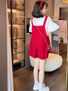 孕妇夏装背带裤套装小个子红色韩版2022夏款减龄潮孕妇装两件套