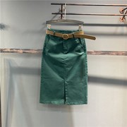 绿色半身裙女高腰欧洲站，2022春装修身开叉直筒中长款包臀裙子