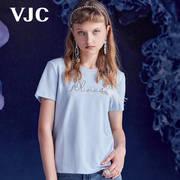 VJC/威杰思秋冬女装蓝色圆领短袖T恤字母印花修身上衣