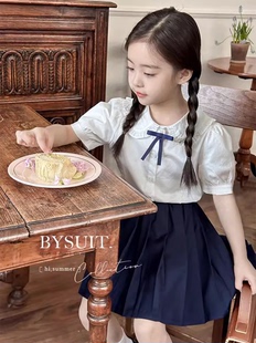 韩国设计师系列!高品质，女童白衬衫藏青，百褶裙夏季儿童学院风套装
