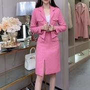 粉色小香风时尚套装，女2023秋冬气质，名媛短款上衣半身裙两件套