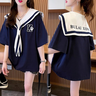 大码女装海军领刺绣短袖T恤女夏季韩版宽松百搭设计感上衣潮