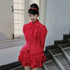 南君哥特复古花边灯笼袖，小众设计衬衫，蛋糕裙红色套装亚文化万圣节