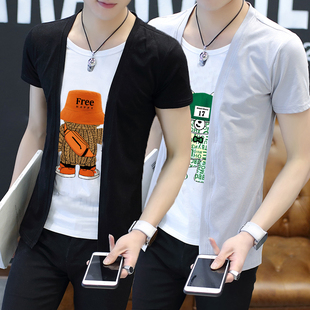 夏季青少年短袖t恤男开衫假两件韩版长袖，上衣非主流个性男装t恤潮