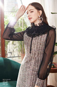珈姿莱尔小香风系列优雅气质时尚粗花呢拼纱袖，连衣裙ja1159