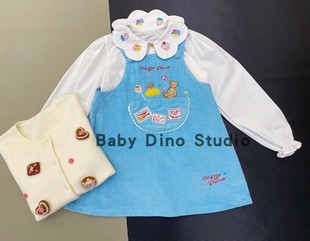 babydino定制款蓝色灯芯绒，棒棒糖熊刺绣(熊刺绣，)可爱背带连衣裙