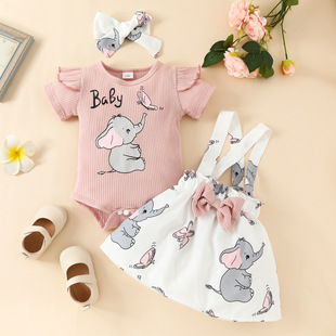 女婴背带裙套装女孩宝宝，坑条大象印花哈衣背带动物印花裙潮ebay