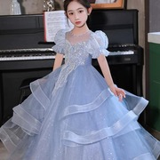 女童走秀礼服2024春季高级感蓝色公主裙小女孩生日洋气钢琴演出服