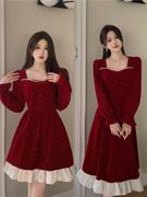 过年布灵穿搭一整套冬季韩版设计感收腰显瘦假两件红色连衣裙