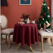 美式复古圣诞小红格子桌布，棉麻圆形餐桌布台布