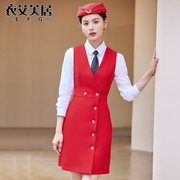 红色职业连衣裙女秋冬季ol气质无袖，背心裙子衬衫套装美容院工作服