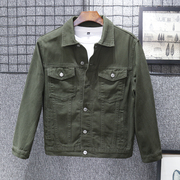 全棉春秋季纯色牛仔外套，男高端休闲夹克，短款纯棉军绿色上衣