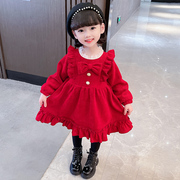 2023女童甜美红色加绒连衣裙秋冬装小童加厚公主裙宝宝过新年拜年