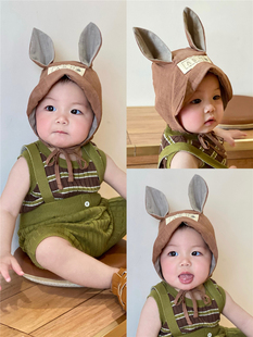 宝宝帽子春夏护耳帽婴幼儿兔耳朵，包头帽(包头帽，)可爱萌系带百搭遮阳松鼠帽