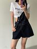 韩国chic风减龄明线设计宽松背带牛仔短裤阔腿裤黑色连体裤连衣裤