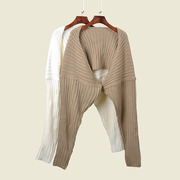 欧美风蝙蝠袖白色披肩，针织外套秋冬高腰不规则粗线短款毛衣开衫