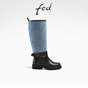 fed拼接时装靴冬季靴子，粗跟长筒靴厚底骑士靴女r1102-zfa352