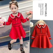 小女孩儿童宝宝春秋装，英伦学院风娃娃翻领，收腰显瘦长袖红色连衣裙