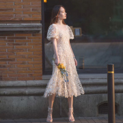 法式蕾丝小晚礼服裙女气质洋装连衣裙平时可穿高级感香槟色订婚宴