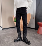 黑色牛仔裤男潮2023年春秋高腰，修身显瘦欧洲站烫钻小脚铅笔裤