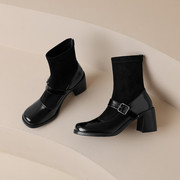 靴子女2023韩版黑色，圆头粗跟短靴，秋冬法式防水台高跟鞋瘦瘦靴