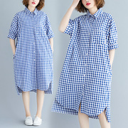 2023夏季韩版大码宽松蓝白格子，衬衫裙中长款显瘦开叉连衣裙女