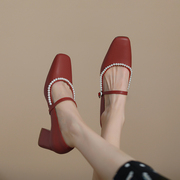 单鞋女2022年方头粗跟中跟真皮红色婚鞋高跟法式珍珠玛丽珍鞋
