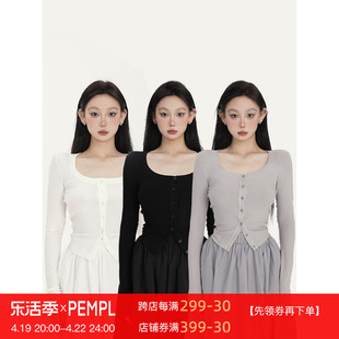 PEMPL 微透方领针织开衫女极简舒适面料单排扣春季百搭短上衣