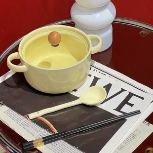 奶黄色泡面碗带盖宿舍方便面碗网红ins双耳陶瓷碗汤碗高颜值餐具
