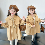 女童秋季时髦韩版中长款风衣，中小童冬装，加厚蝴蝶结英伦风外套
