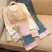 新中式国风盘扣马甲衬衫套装女春秋搭配一整套高级感牛仔裤两件套