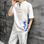 中国风男装夏季短袖男士套装宽松棉感麻t恤国潮亚麻夏装刺绣休闲