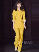 春秋欧代明星同款轻奢高级感女装，西装小外套两件黄色长裤套装