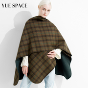 YUESPACE双面羊毛外套斗篷披肩女宽松毛呢格子中长款时尚百搭秋冬