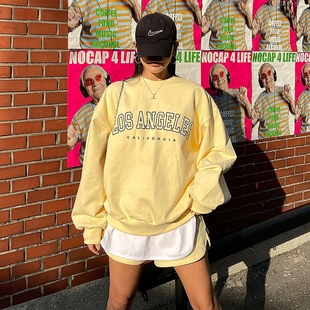 韩国东大门秋季女士棉，字母印花休闲运动卫衣，短裤套装黄色洋气