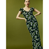 法式优雅·深绿栀子花，v领层叠荷叶，边斜裁人丝显瘦长款连衣裙