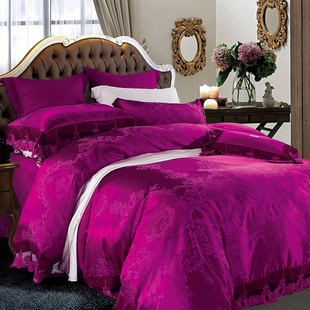欧式高档紫色贡缎提花八件套，蕾丝花边被套结婚庆床上用品多件套