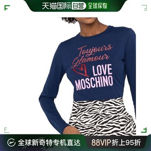 香港直邮Moschino莫斯奇诺女士长袖T恤字母印花休闲蓝色简约百搭