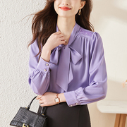 紫色职业雪纺衬衫女长袖蝴蝶结，飘带法式上衣，洋气时尚高端打底衬衣