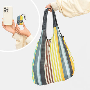 可折叠便携环保购物袋，彩色条纹收纳单肩手提超轻薄皮肤包