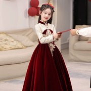 儿童走秀礼服2023冬季新中式国风丝绒生日宴，公主裙女童钢琴演出服