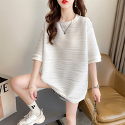 设计感小众短袖t恤女夏季韩版宽松大码女装中长款半袖纯色上衣服