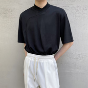 韩国夏季极简设计感立领拼接t恤男小众韩版圆领纯色短袖打底衫潮