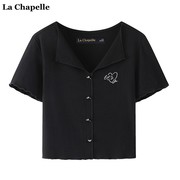 拉夏贝尔/La Chapelle短款V领百搭修身短袖T恤女黑色坑条针织上衣